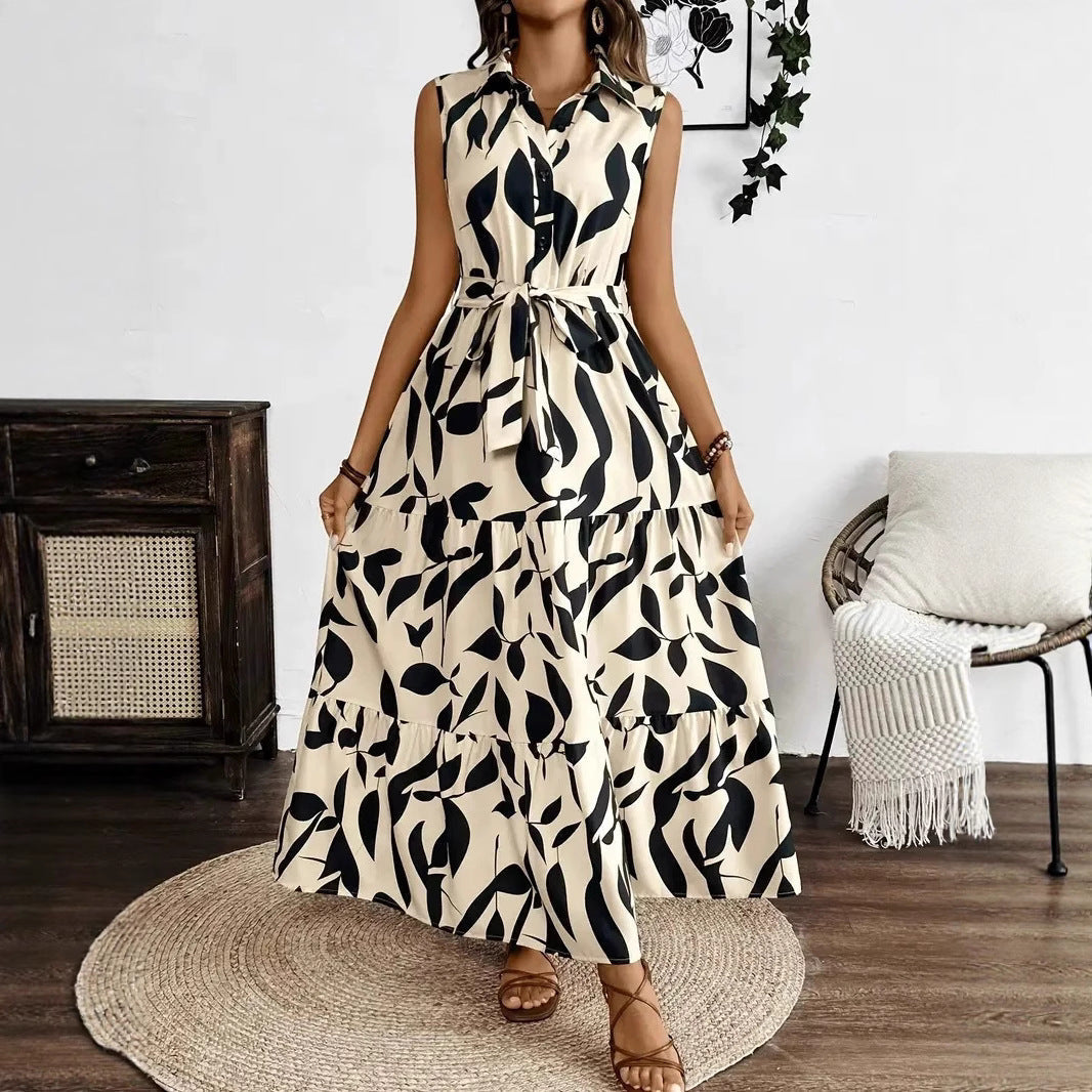 Sleeveless Leaf Print Maxi Dress