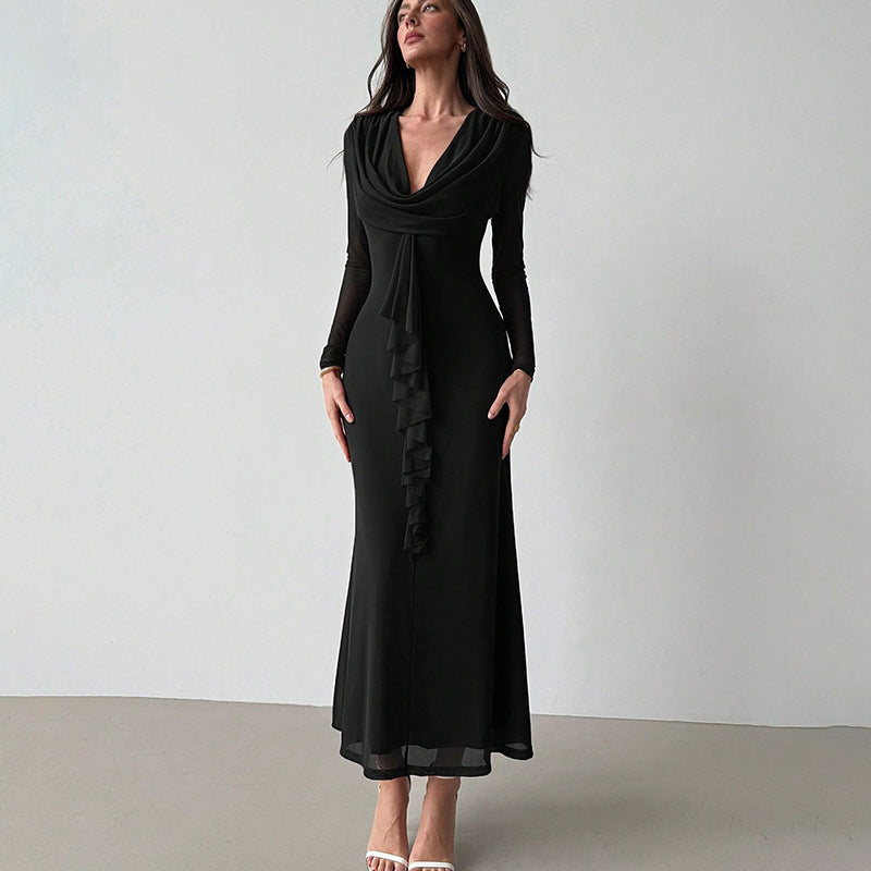 Long Sleeve Maxi Dress with V-Neck and Ruffle
