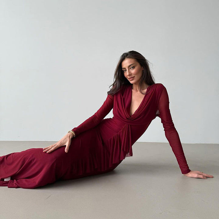 Long Sleeve Maxi Dress with V-Neck and Ruffle