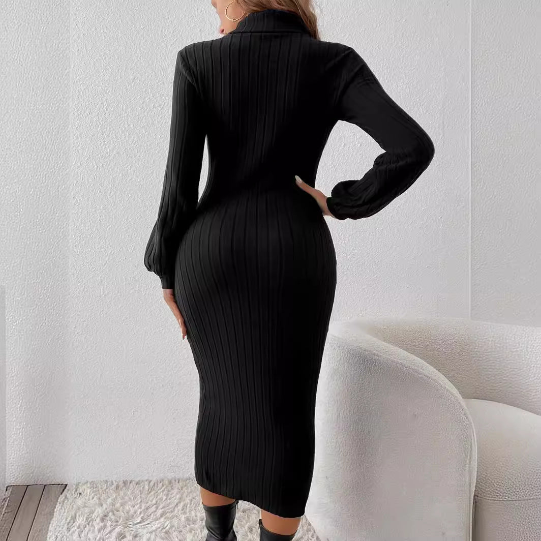 Ribbed Knit Midi Dress with Long Sleeves
