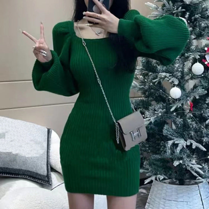 Ribbed Knit Puff Sleeve Dress