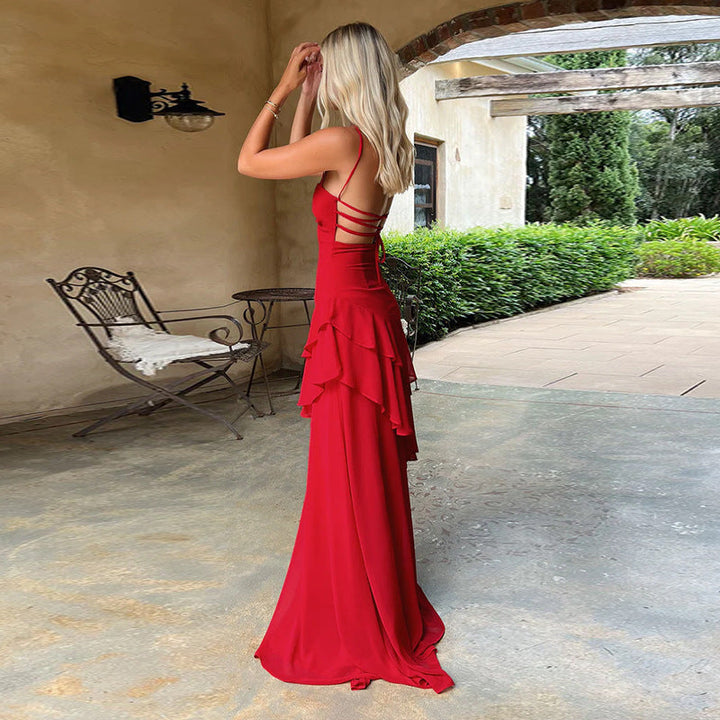 Maxikleid mit Rüschenlagen und Schnürrücken