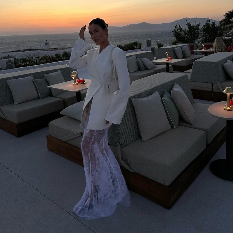 White Blazer Dress with Lace Maxi Skirt