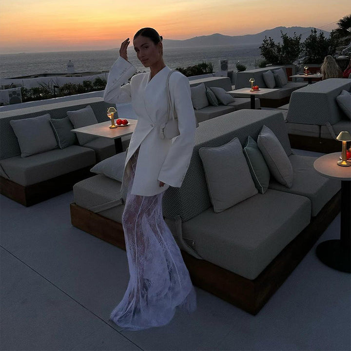 White Blazer Dress with Lace Maxi Skirt