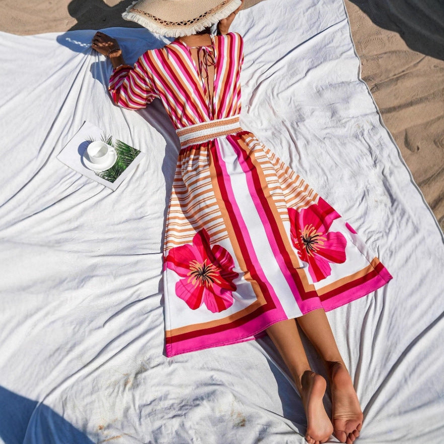 V-Neck Maxi Dress with Floral and Stripe Design