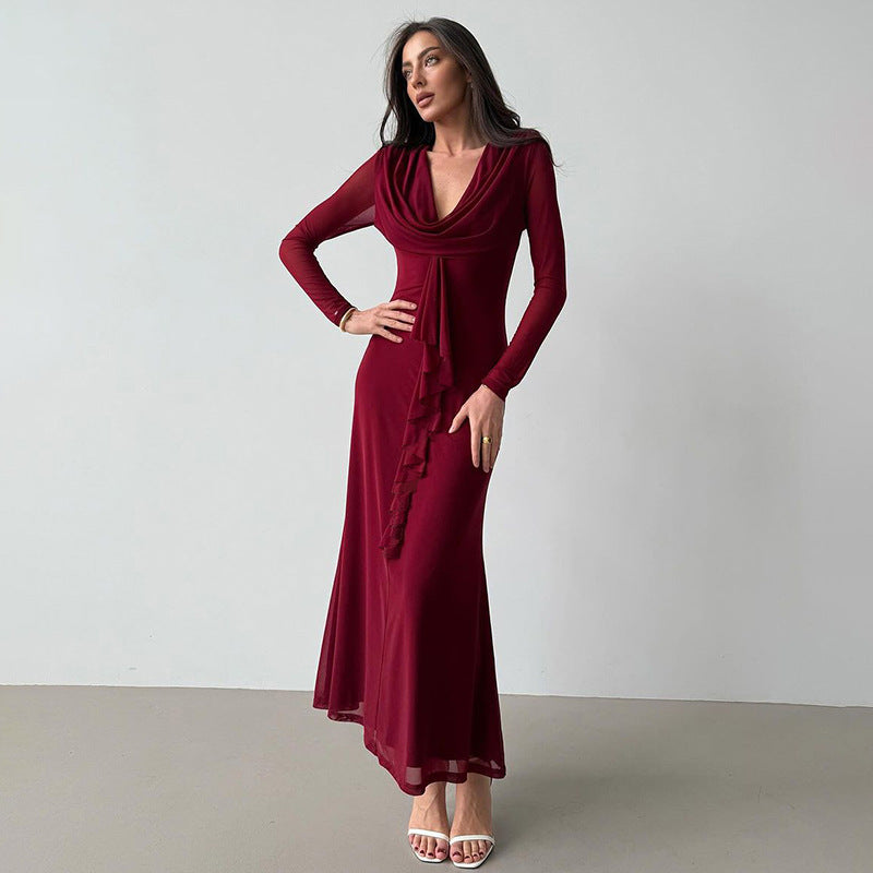 Long Sleeve Maxi Dress with V-Neck and Ruffle