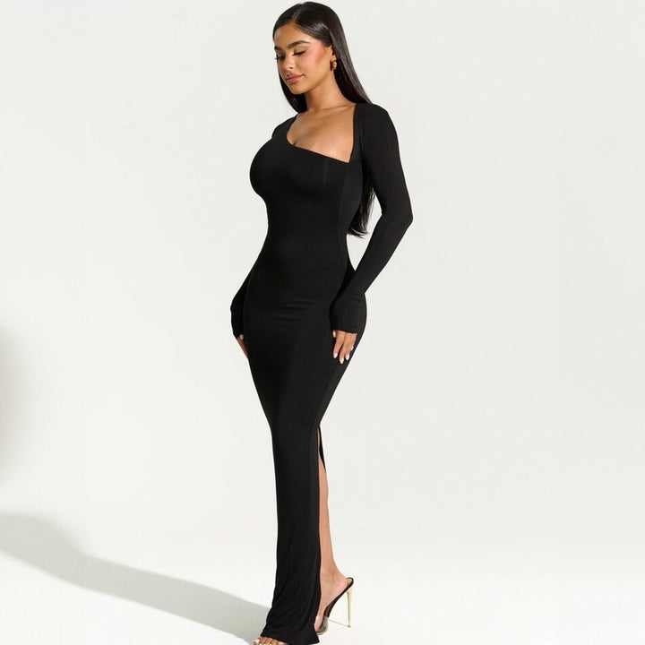 Schwarzes asymmetrisches Maxikleid mit langen Ärmeln