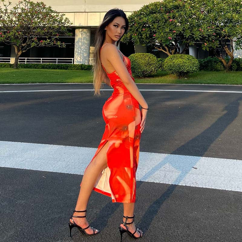 Graphic Print Spaghetti Strap Midi Dress