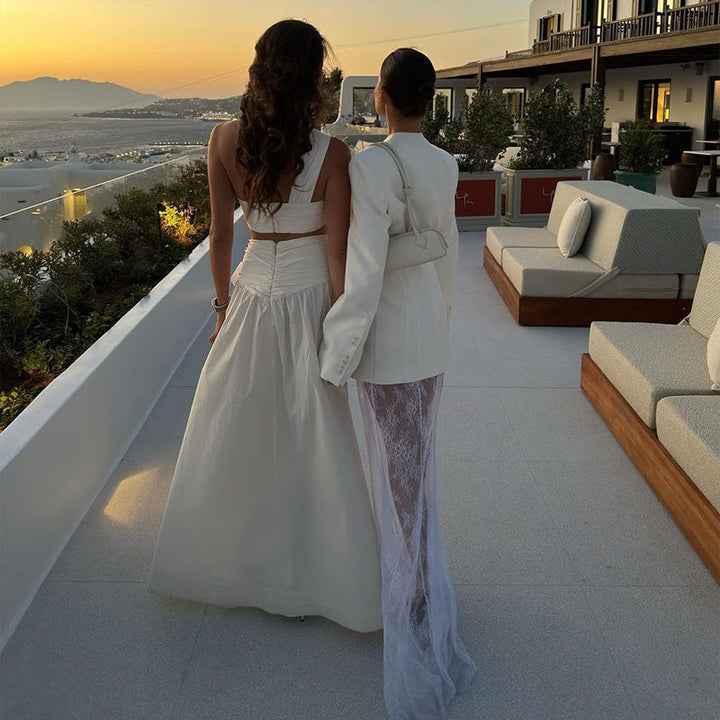 White Blazer Dress with Lace Maxi Skirt