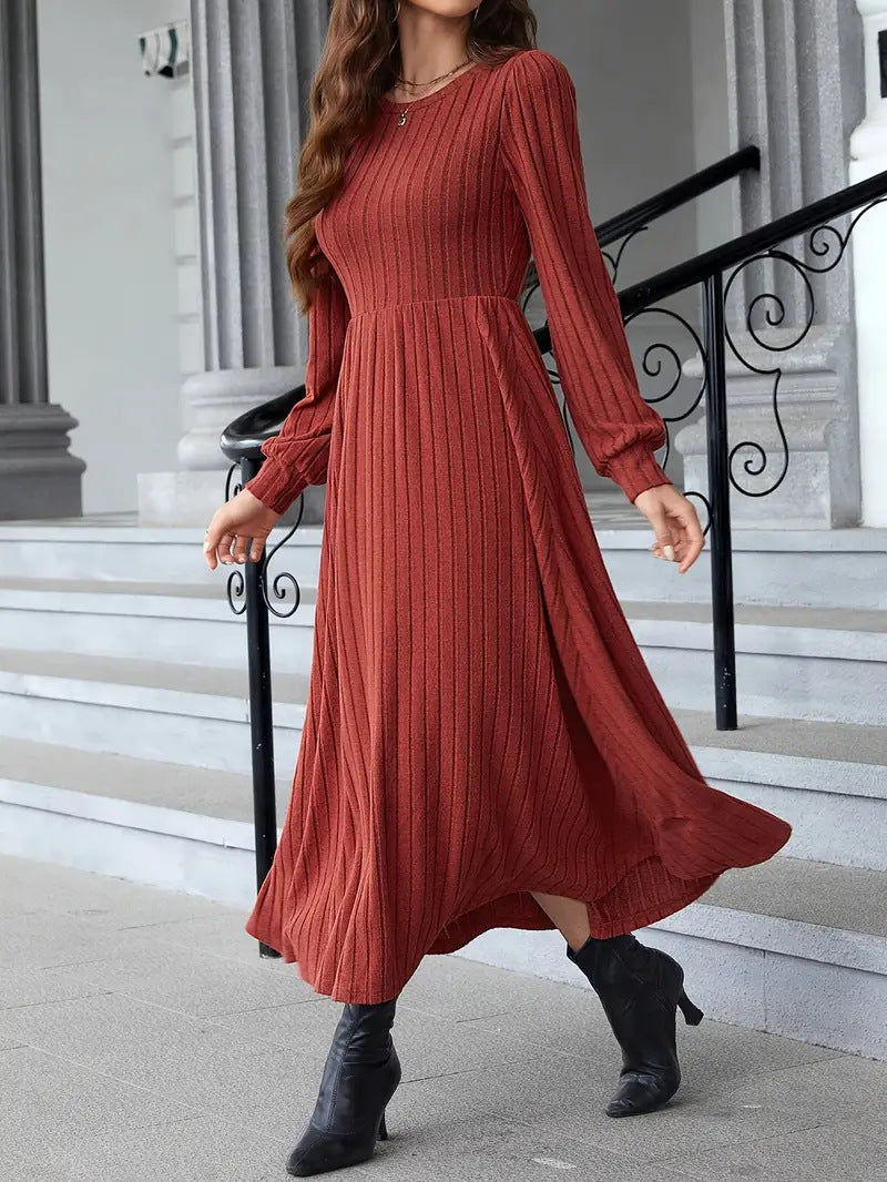 Ribbed Knit Maxi Dress with Long Sleeves
