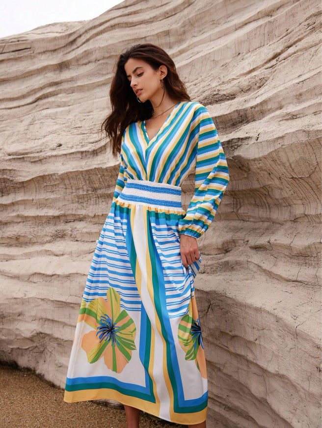 V-Neck Maxi Dress with Floral and Stripe Design
