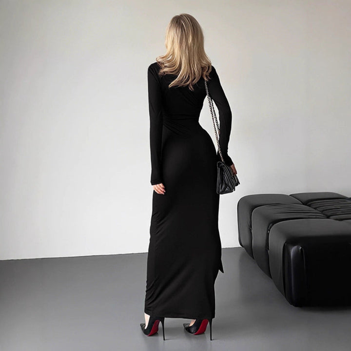 Maxi Dress with Deep V-Neck and Long Sleeves
