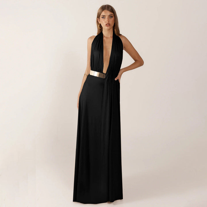 Halter Maxi Dress with Deep V-Neck and Belt