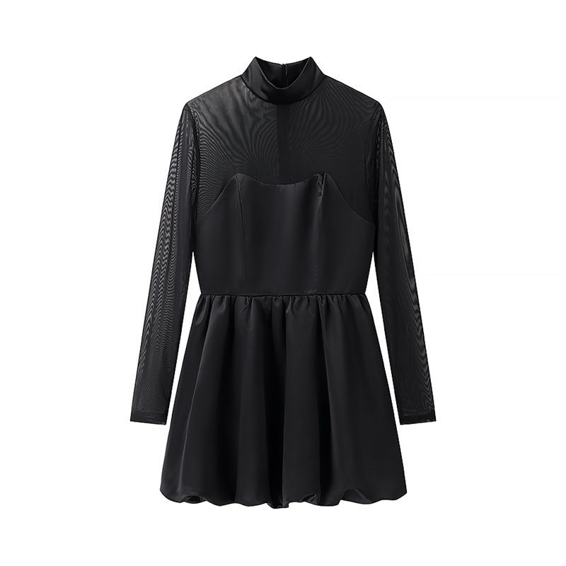 Black Mini Dress with Sheer Long Sleeves