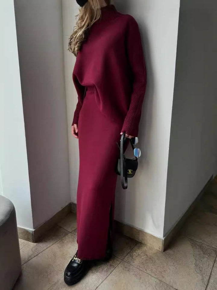 Knitted Maxi Dress with High Neck and Slit