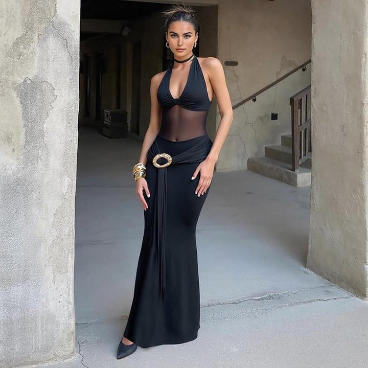 Maxi Wrap Dress with Sheer Bodice and Belt