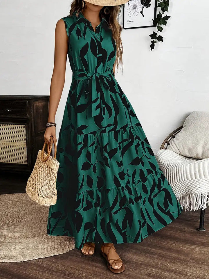 Sleeveless Leaf Print Maxi Dress