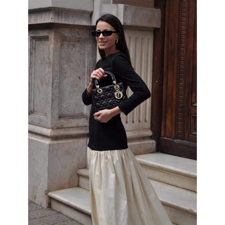 Contrast Bodice Maxi Dress with Long Sleeves