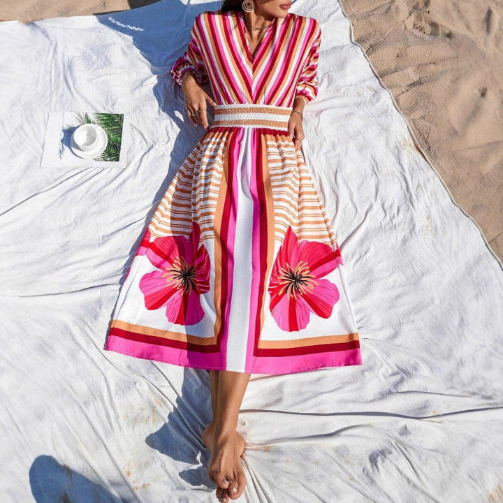 V-Neck Maxi Dress with Floral and Stripe Design