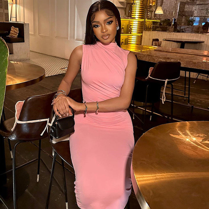 Sleeveless High Collar Midi Dress