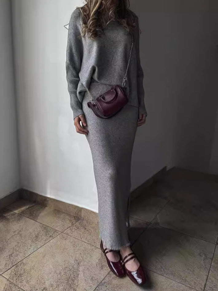 Knitted Maxi Dress with High Neck and Slit
