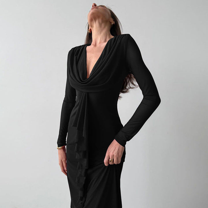 Long Sleeve Maxi Dress with V-Neck and Ruffle