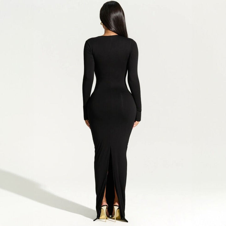 Schwarzes asymmetrisches Maxikleid mit langen Ärmeln