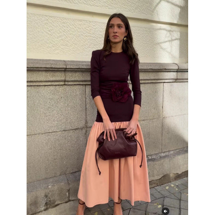 Contrast Bodice Maxi Dress with Long Sleeves