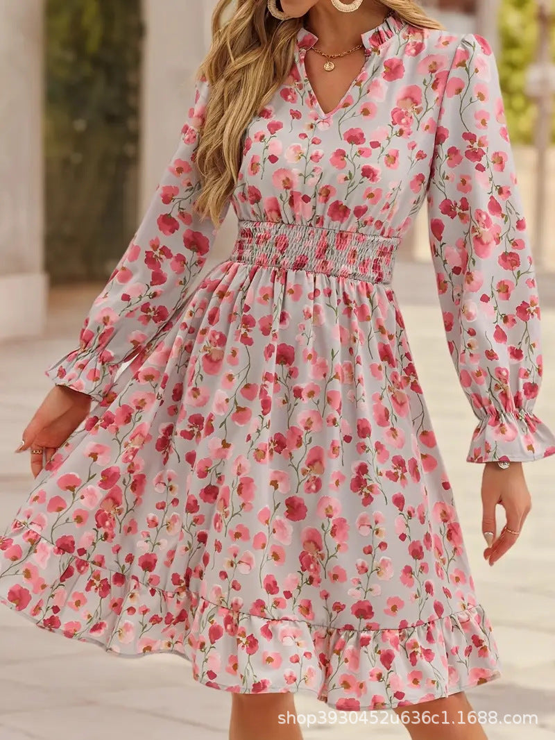 Floral V-Neck Mini Dress with Long Sleeves