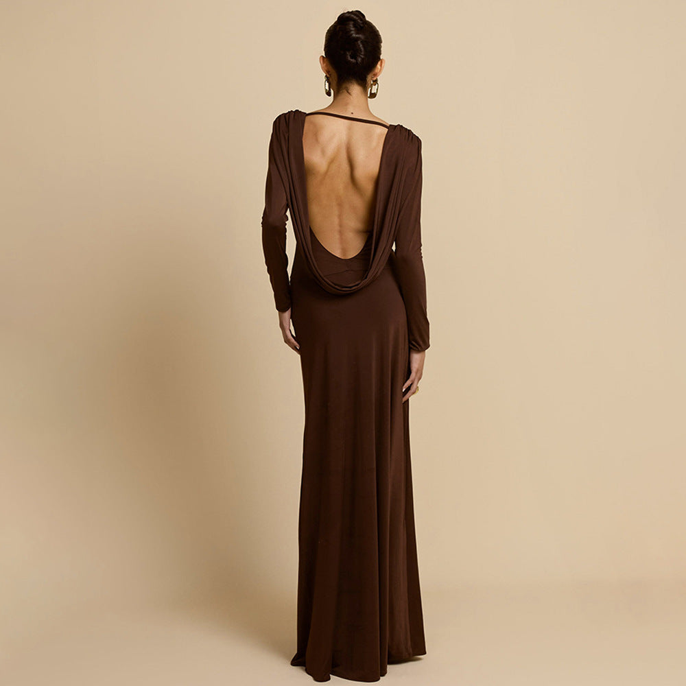 Kaffeebraunes Maxikleid mit tiefem V-Ausschnitt
