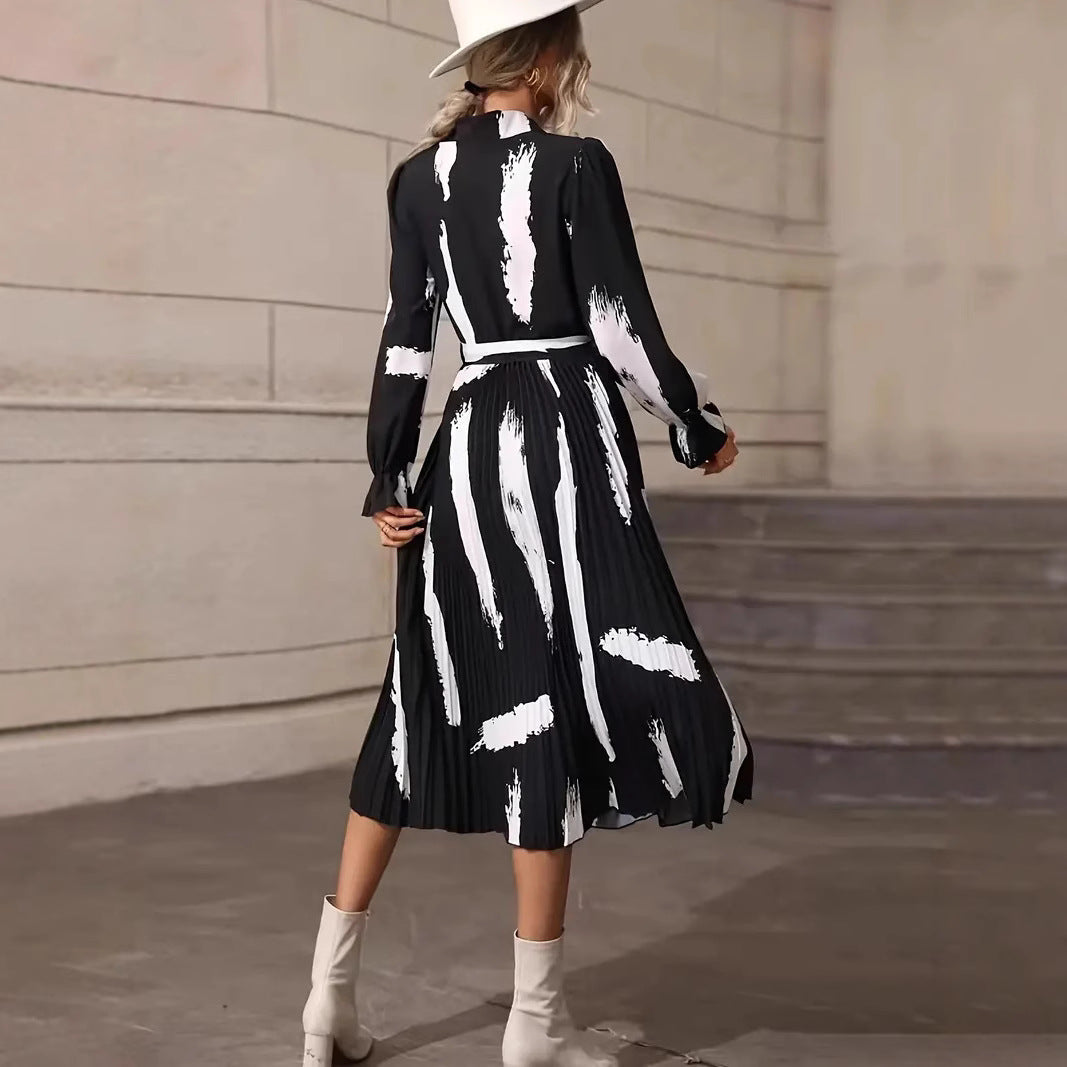 Abstract Print Long Sleeve Pleated Midi Dress