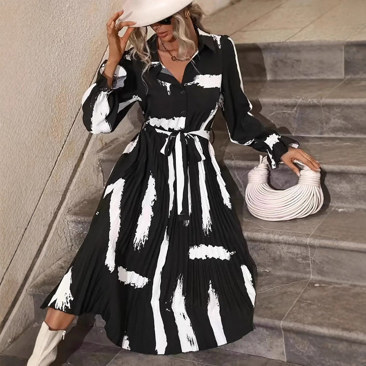 Abstract Print Long Sleeve Pleated Midi Dress