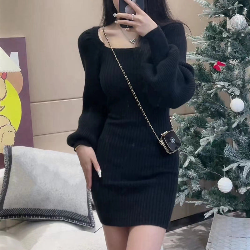 Ribbed Knit Puff Sleeve Dress