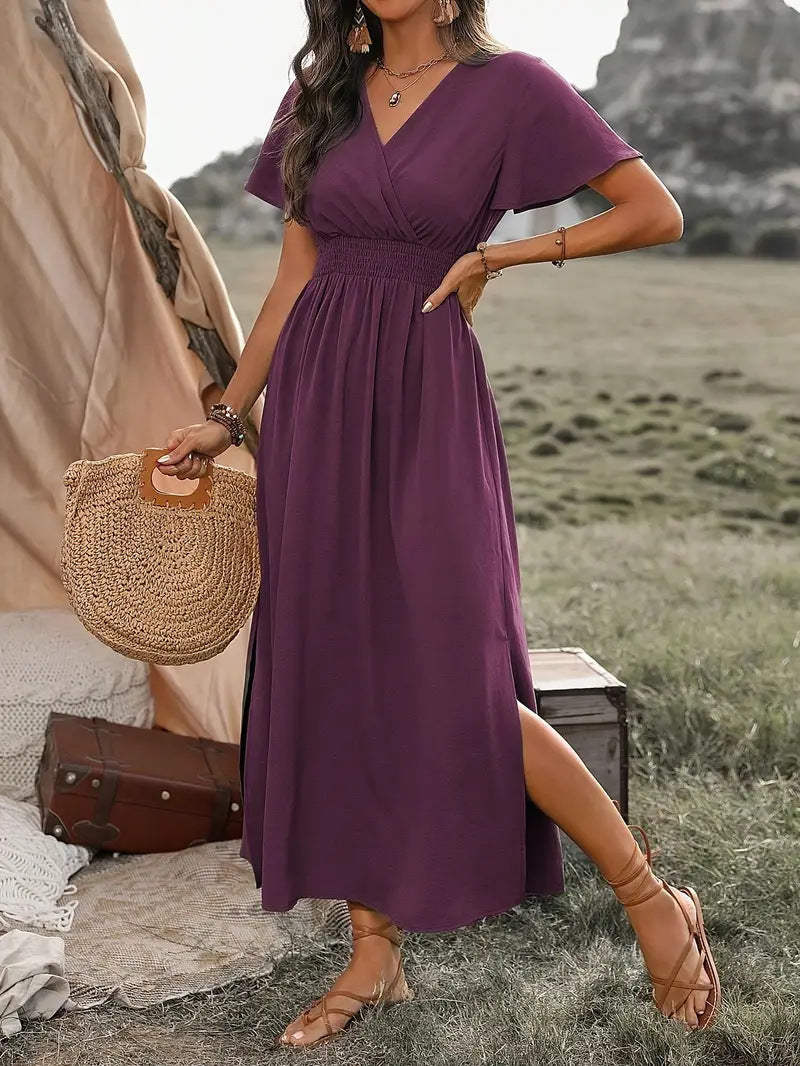 V-Neck Short Sleeve Maxi Dress