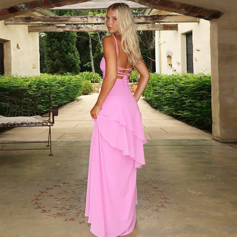 Maxikleid mit Rüschenlagen und Schnürrücken
