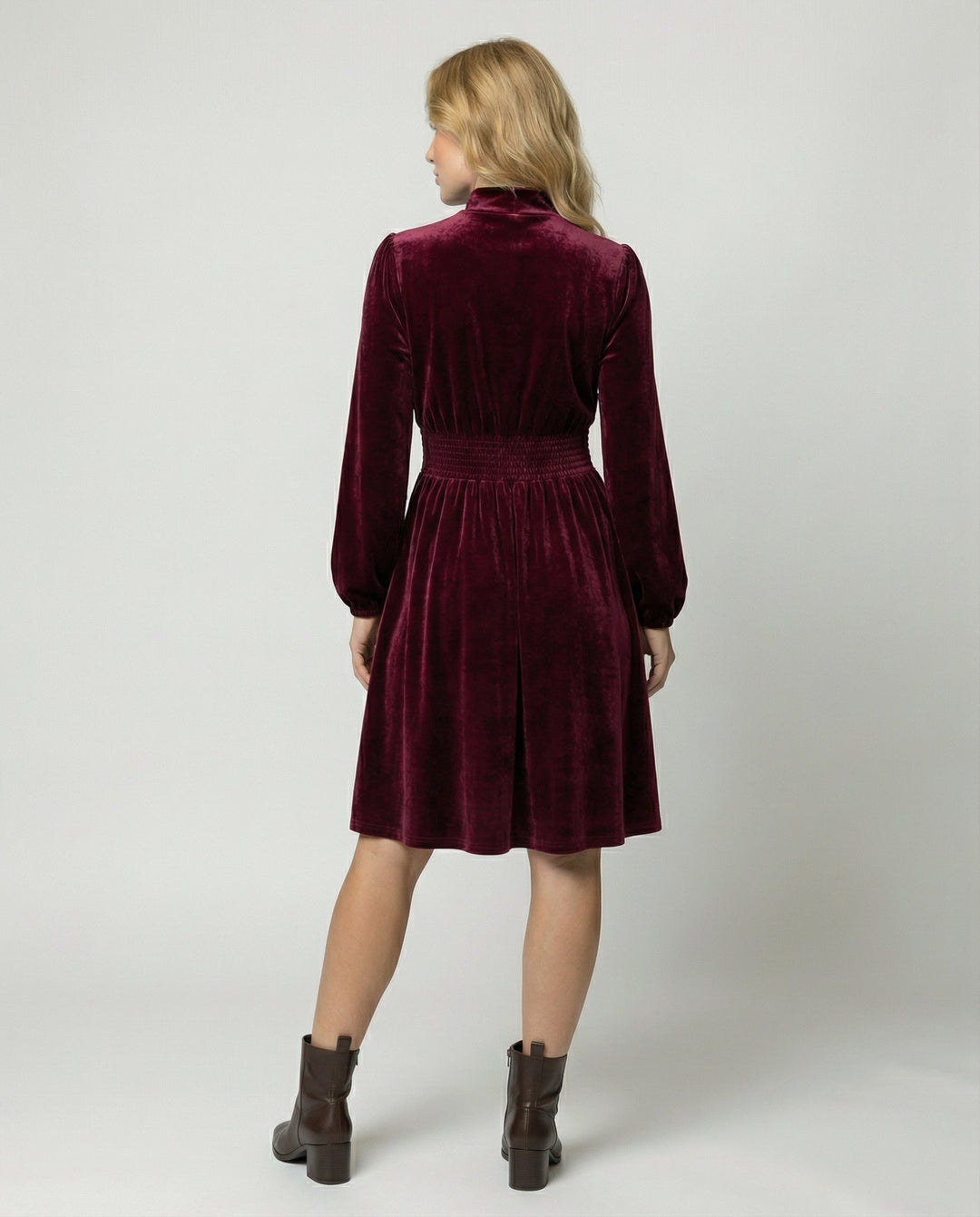Velvet Long Sleeve Dress with Smocked Waist