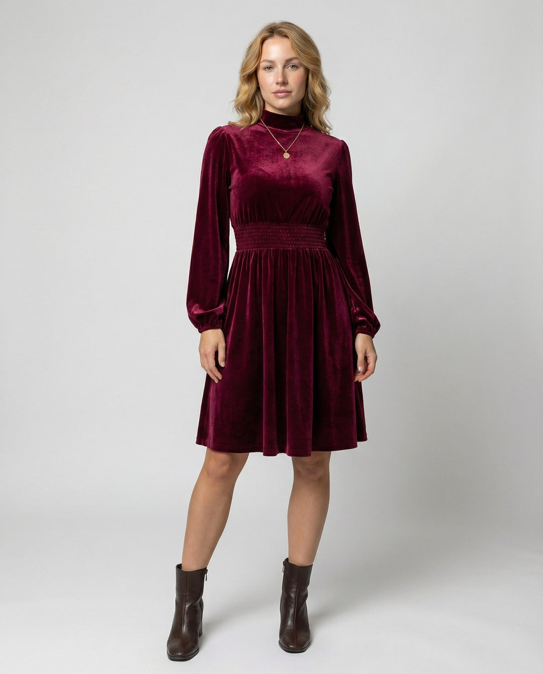 Velvet Long Sleeve Dress with Smocked Waist