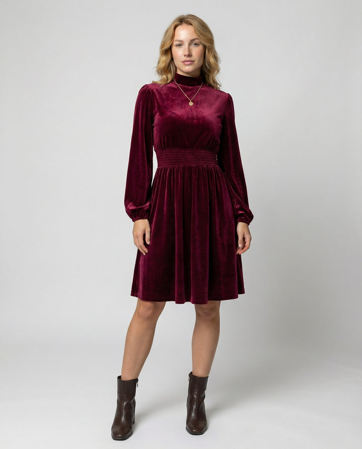 Velvet Long Sleeve Dress with Smocked Waist