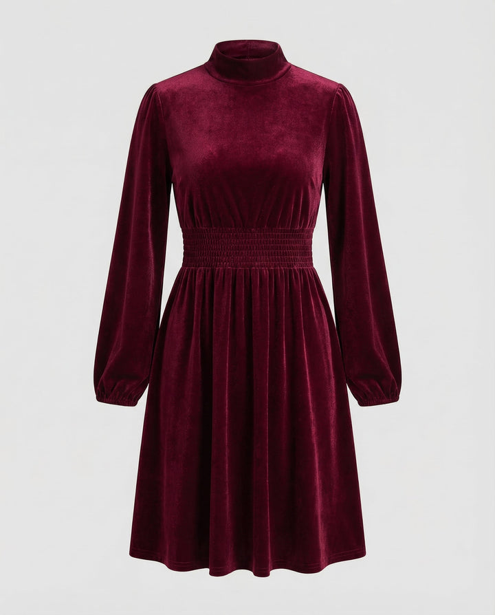 Velvet Long Sleeve Dress with Smocked Waist