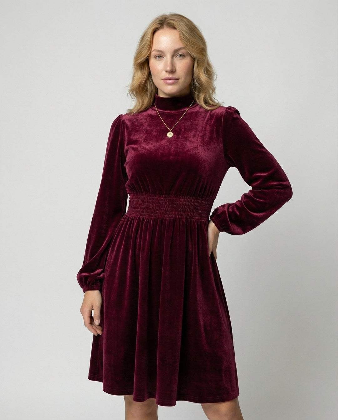 Velvet Long Sleeve Dress with Smocked Waist