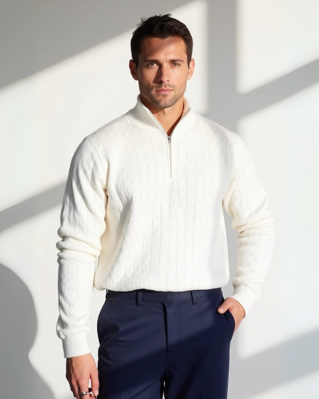 Camisola masculina de malha com fecho e entrançado | Fio macio e estilo requintado