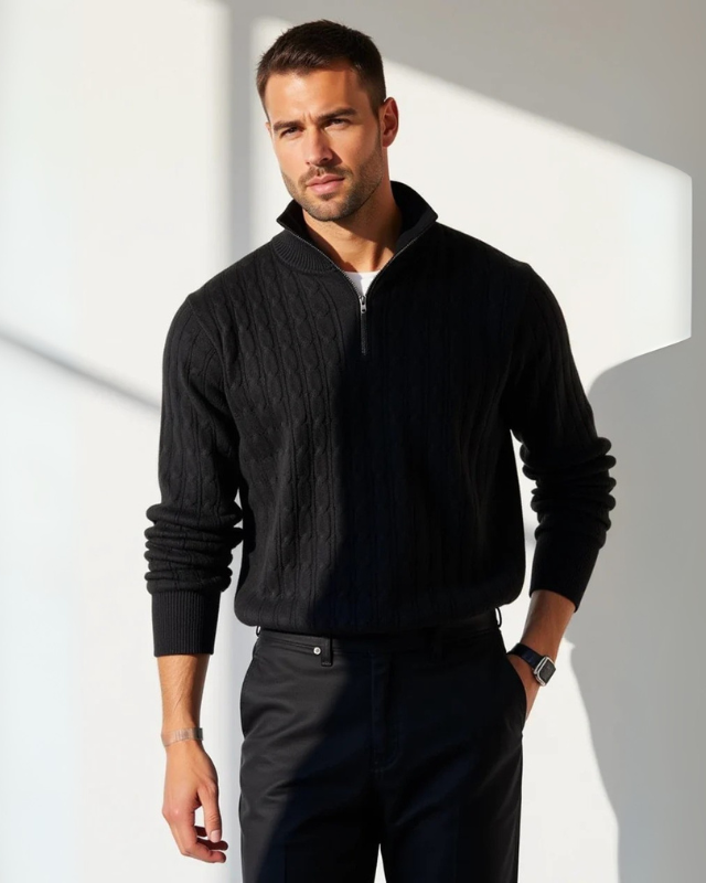 Herrenpullover mit kurzem Reißverschluss | Zopfmuster und eleganter Stil für den Herbst