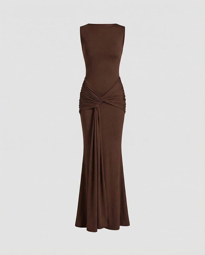 Mouwloze wikkel-maxi-jurk met hoge split