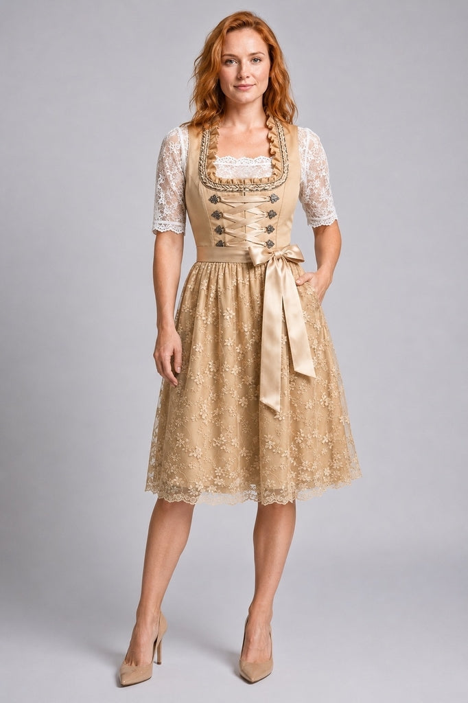 Lace Bodice Dress With Apron And Lace Sleeves