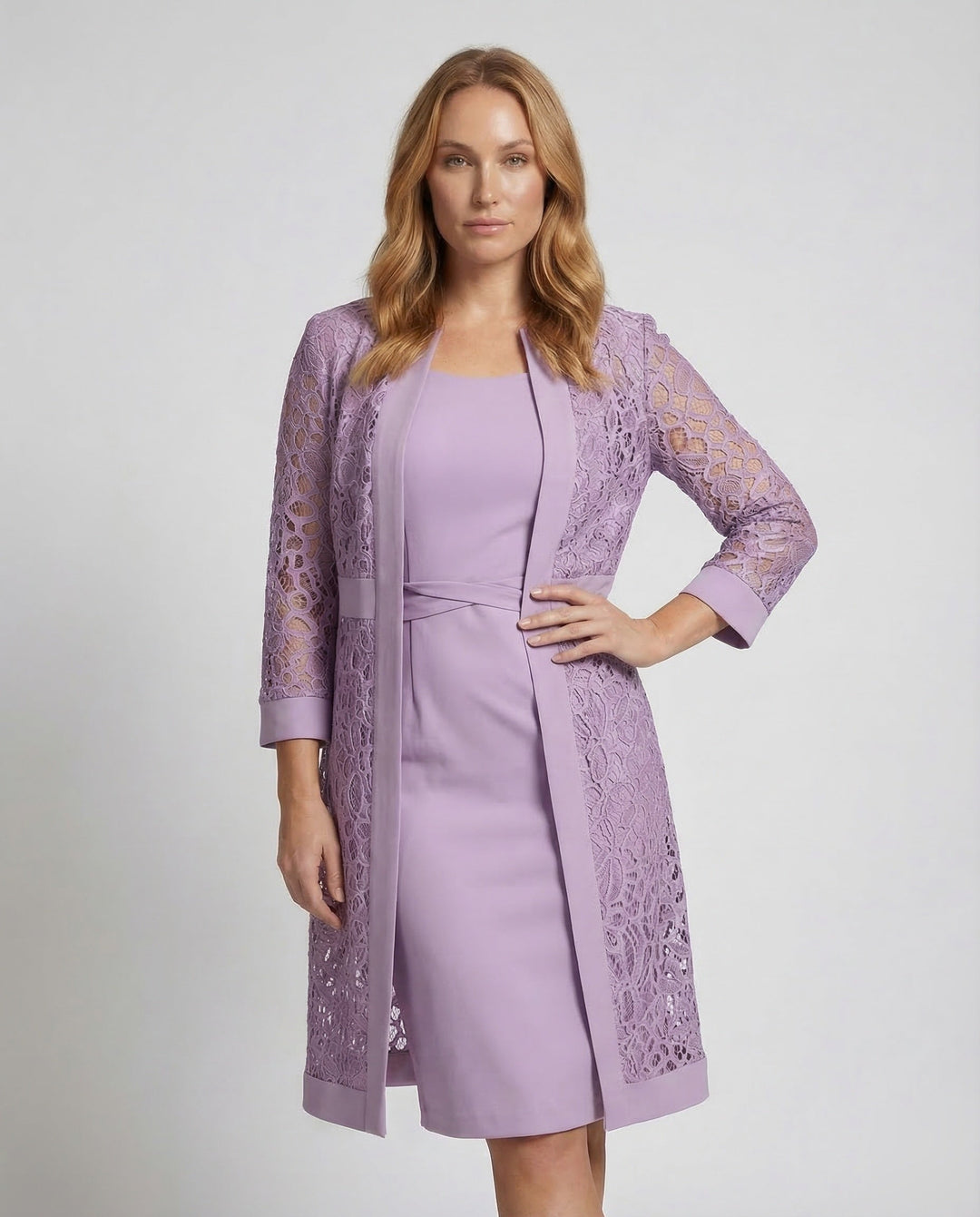 Lace Bodice Dress With Cardigan Overlay