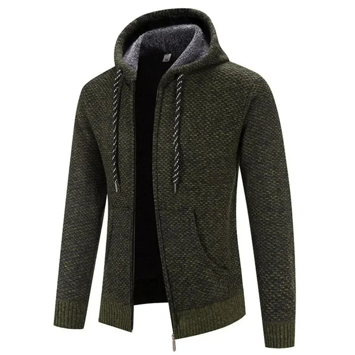 Camisola masculina de malha texturada com capuz e fecho de correr integral