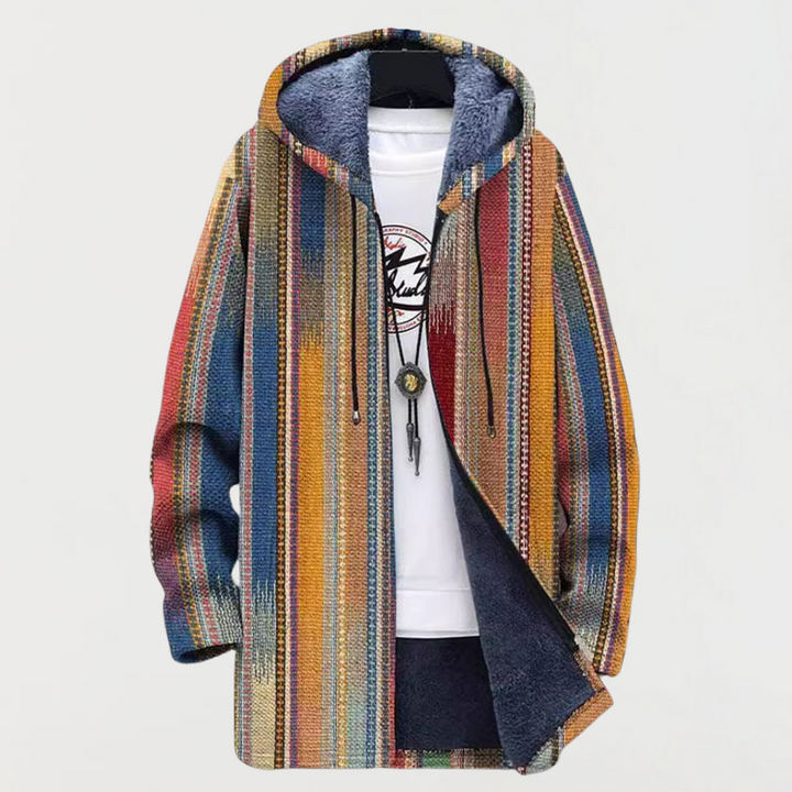 Hayden | Cappotto con cappuccio a righe verticali multicolori