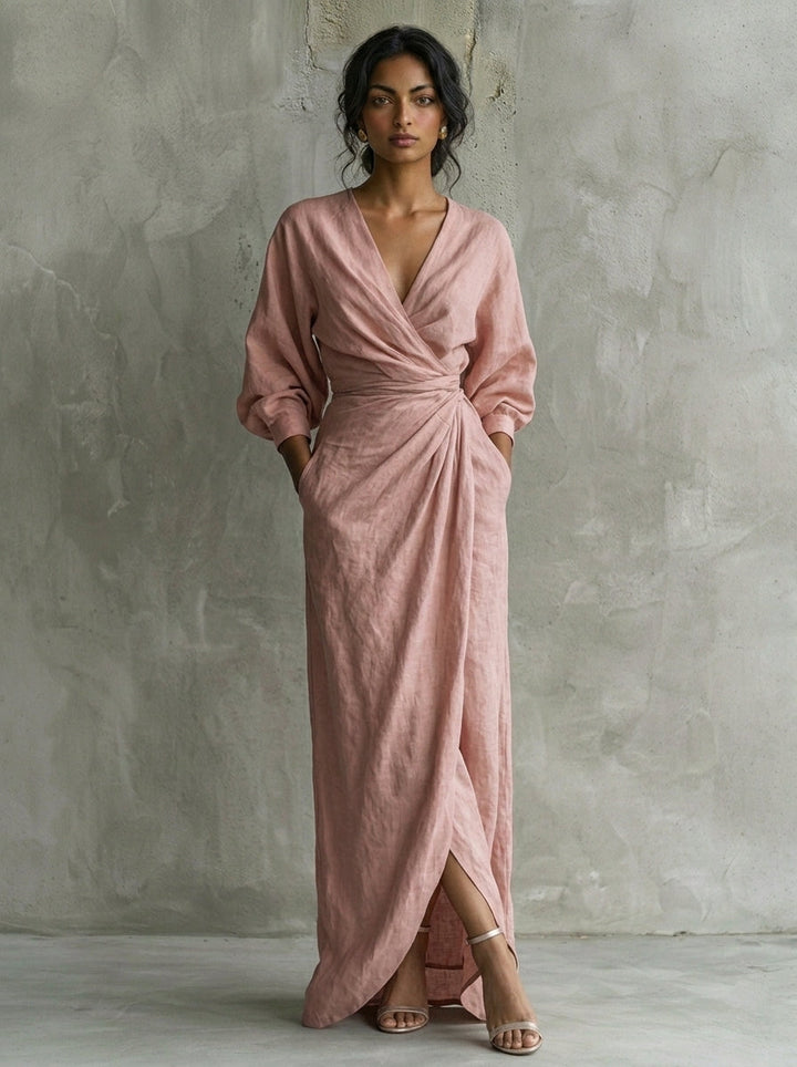 Vestido largo minimalista rosa con cuello en V, de mezcla de lino, para mujer