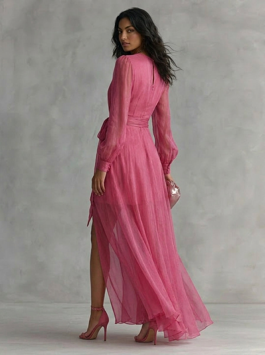 Elegante vestido largo de gasa rosa con perlas y escote en V para mujer