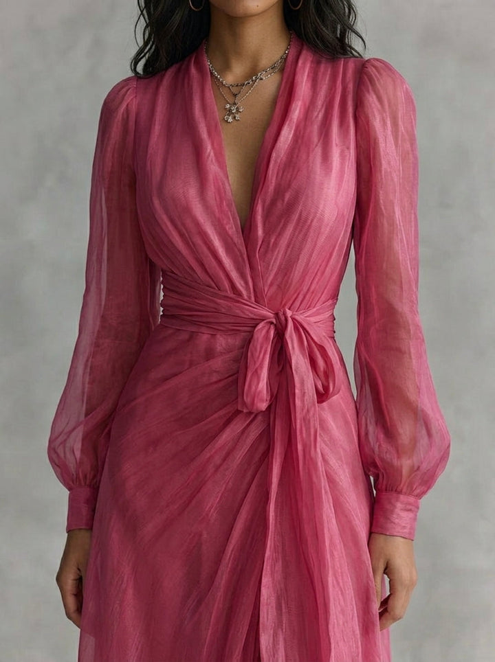Elegante vestido largo de gasa rosa con perlas y escote en V para mujer